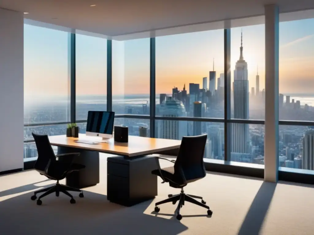 Oficina moderna con vistas panorámicas y tecnología avanzada Oficina moderna con vista a la ciudad, muebles minimalistas y pantalla digital de gestión inmobiliaria en la nube