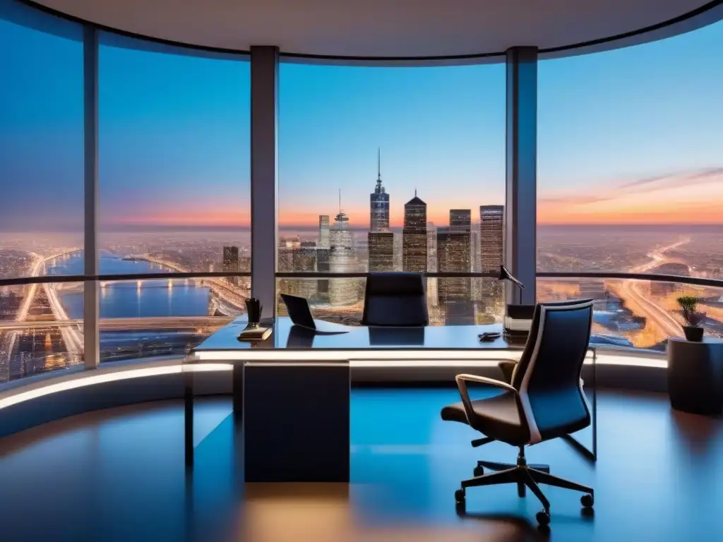 Oficina futurista con vista panorámica y análisis predictivos Oficina moderna con vista a la ciudad al anochecer, integrando análisis predictivo en inversión inmobiliaria