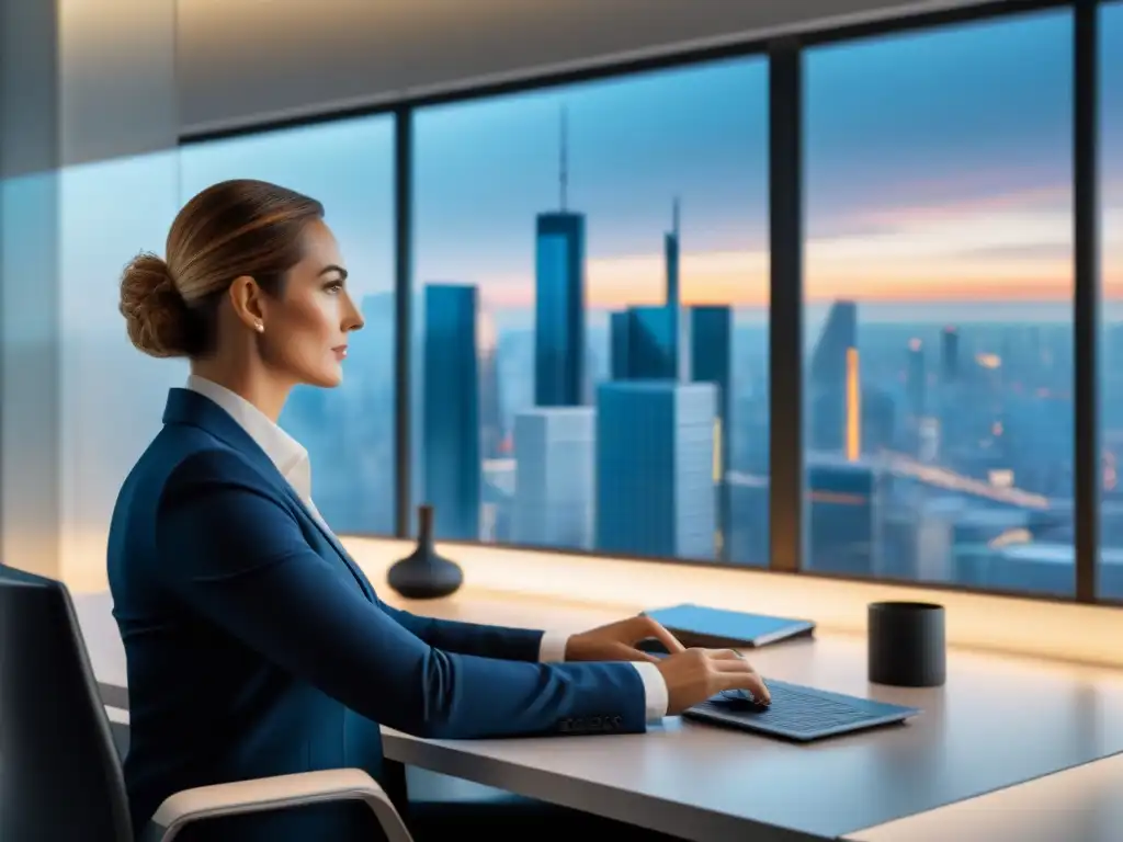 Oficina moderna con vista a la ciudad: gestión inmobiliaria en la nube Oficina moderna con vista a la ciudad, gestión de propiedades internacionales en la nube