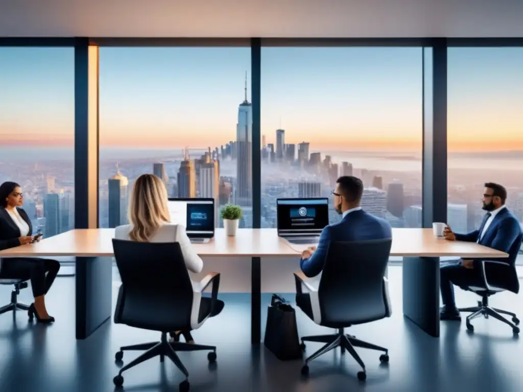 Estrategias de seguridad digital en oficina moderna Oficina moderna con vista a la ciudad, equipo diverso discute estrategias digitales de prevención de riesgos en el mercado inmobiliario