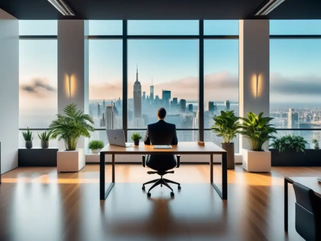 Oficina moderna de lujo con vistas panorámicas y diseño minimalista Oficina moderna con vista a la ciudad, ideal para estrategias contenido influencers inmobiliarios
