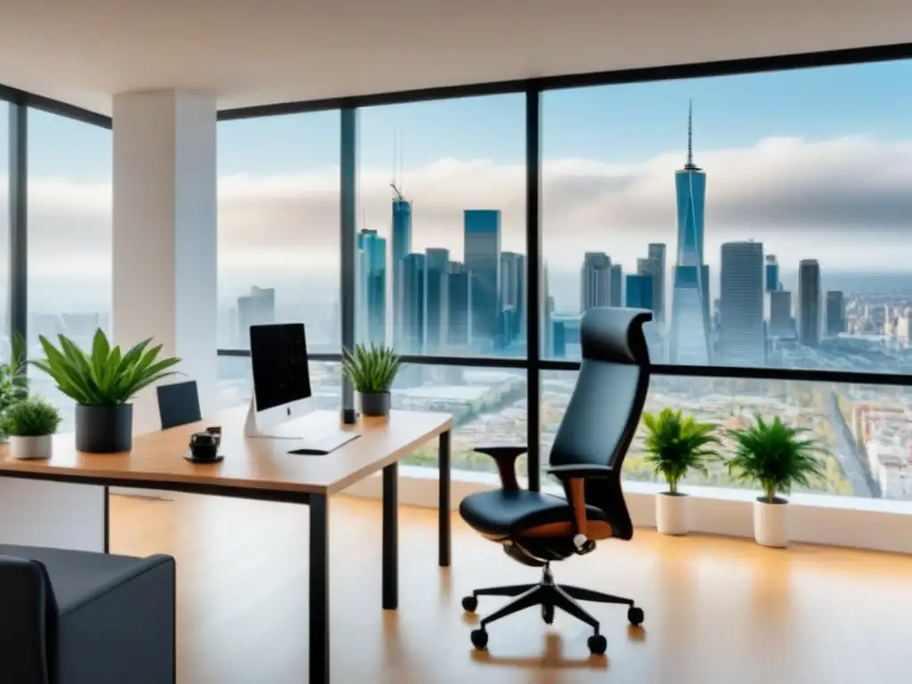 Oficina moderna con vista panorámica: reputación online inmejorable Oficina moderna con vista a la ciudad, profesional y sofisticada