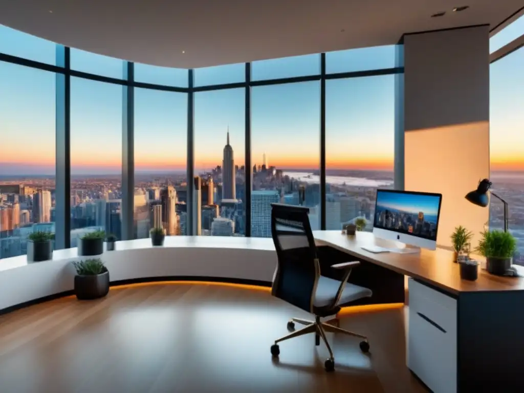 Oficina de lujo para colaboración estratégica con influencers inmobiliarios Oficina moderna con vista a la ciudad, diseño elegante y gadgets de alta tecnología, inspirando estrategias colaboración influencers inmobiliarios