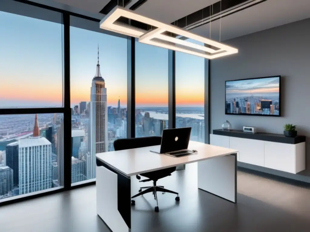 Oficina moderna con vista a la ciudad: campaña de anuncios en redes sociales Oficina moderna con vista a la ciudad, muebles contemporáneos, laptop con dashboard de campaña publicitaria en Facebook e Instagram
