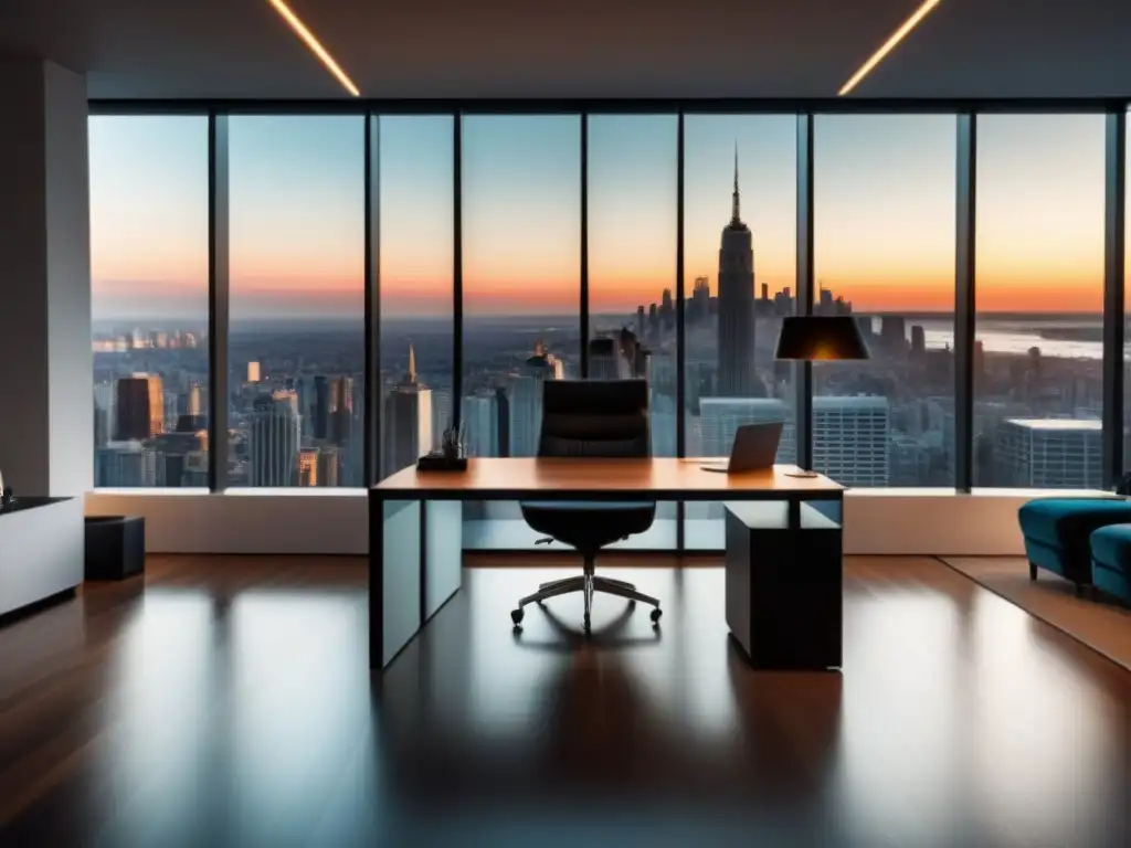 Oficina moderna con vista panorámica al atardecer Oficina moderna con vista a la ciudad al atardecer