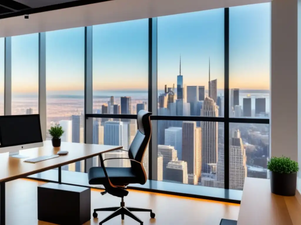 Oficina moderna con vista a la ciudad y motivación Oficina moderna con vista a la ciudad, laptop de marketing de afiliación en bienes raíces y cita inspiradora en la pared