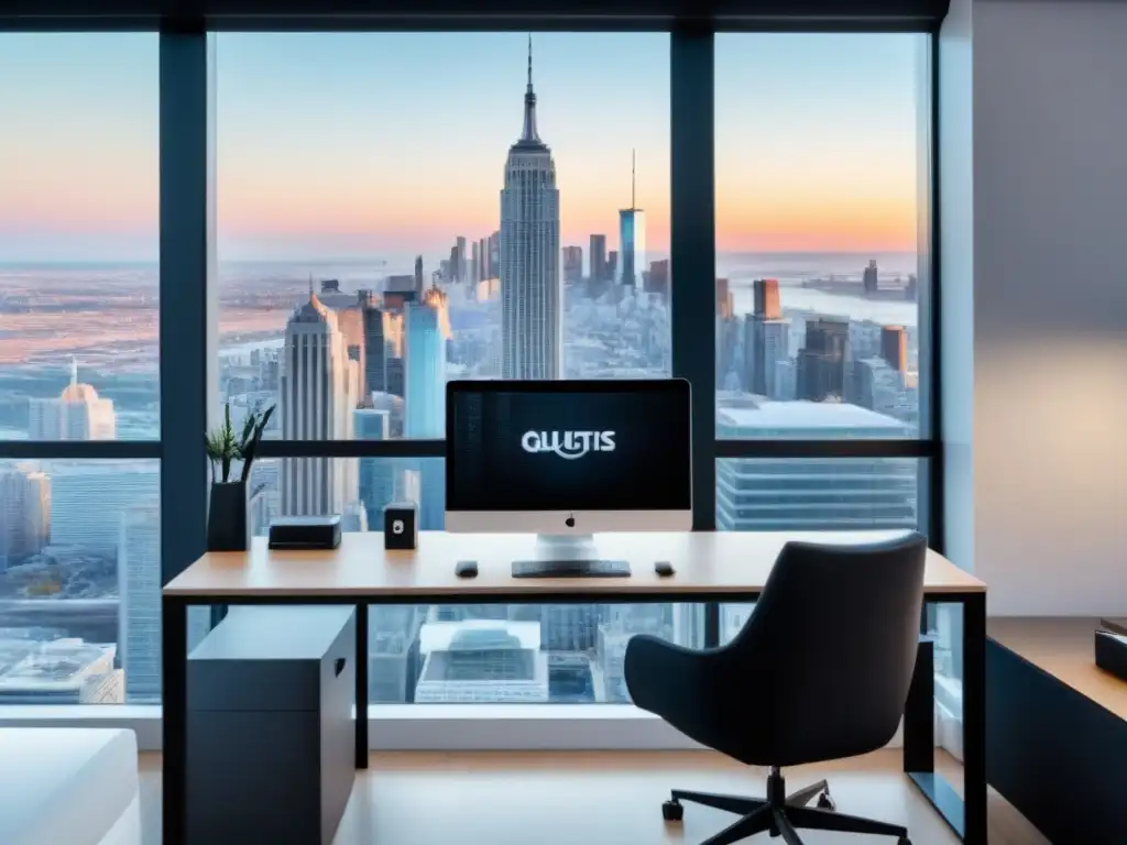 Oficina moderna para marketing inmobiliario Oficina moderna con vista a la ciudad, enfocada en el marketing de afiliación en bienes raíces