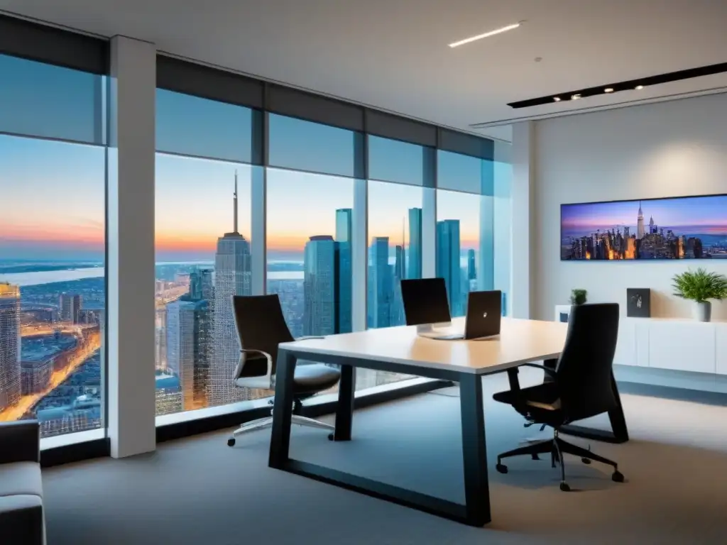 Oficina moderna con vistas a la ciudad y tecnología de vanguardia Oficina moderna con vista a la ciudad, muebles contemporáneos y pantalla digital mostrando estrategias personalización marketing inmobiliario