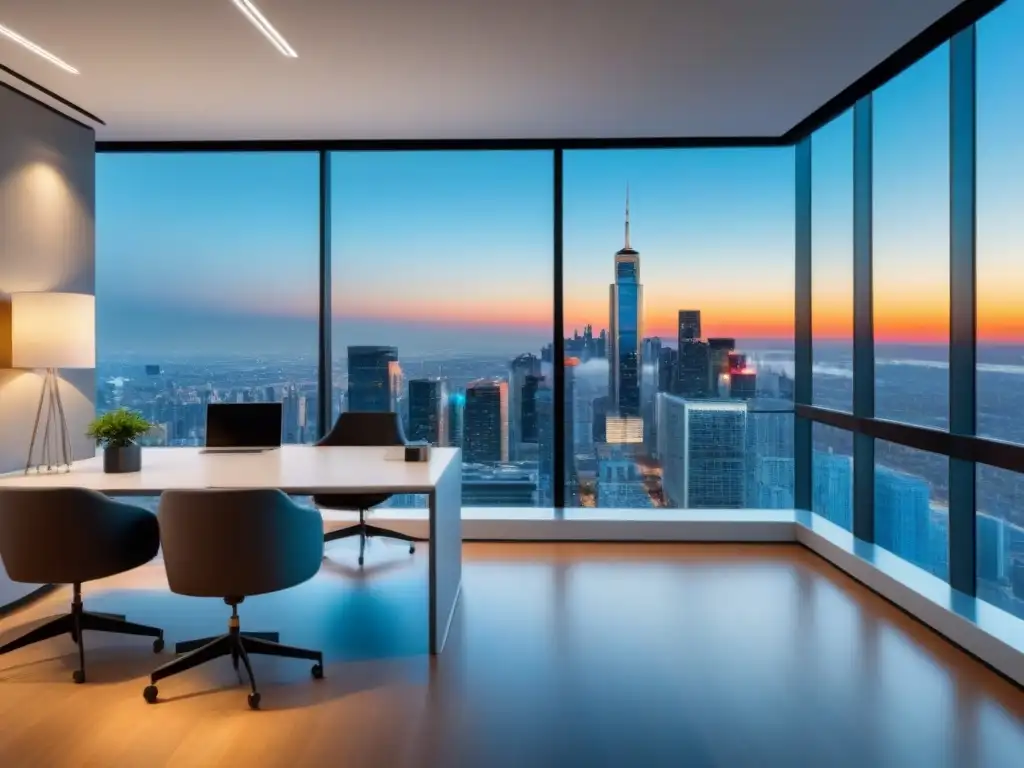 Oficina moderna con vista panorámica de ciudad internacional Oficina moderna con vista a la ciudad, decoración elegante y estrategias de Marketing Inmobiliario Internacional Personalizado