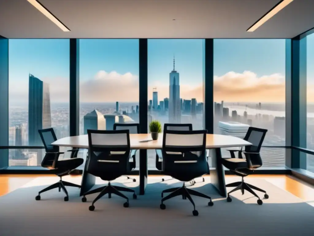 Oficina moderna con vista panorámica y tecnología SEO Oficina moderna con vista a la ciudad, diseño minimalista y tecnología