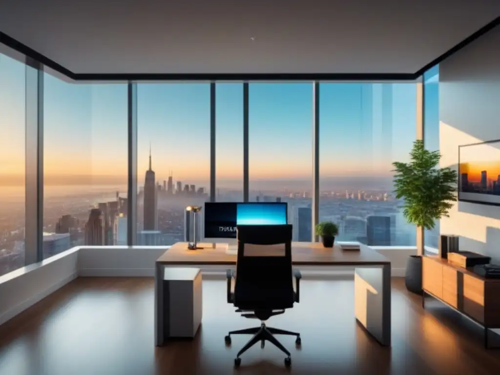 Oficina moderna con vista a la ciudad en 8k Oficina moderna con vista a la ciudad, ideal para invertir en bienes raíces internacionales