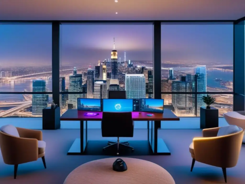 Inversión inmobiliaria y criptomonedas: oficina de lujo con vista panorámica al atardecer Oficina moderna con vista a la ciudad al anochecer, ideal para invertir en bienes raíces con criptomonedas