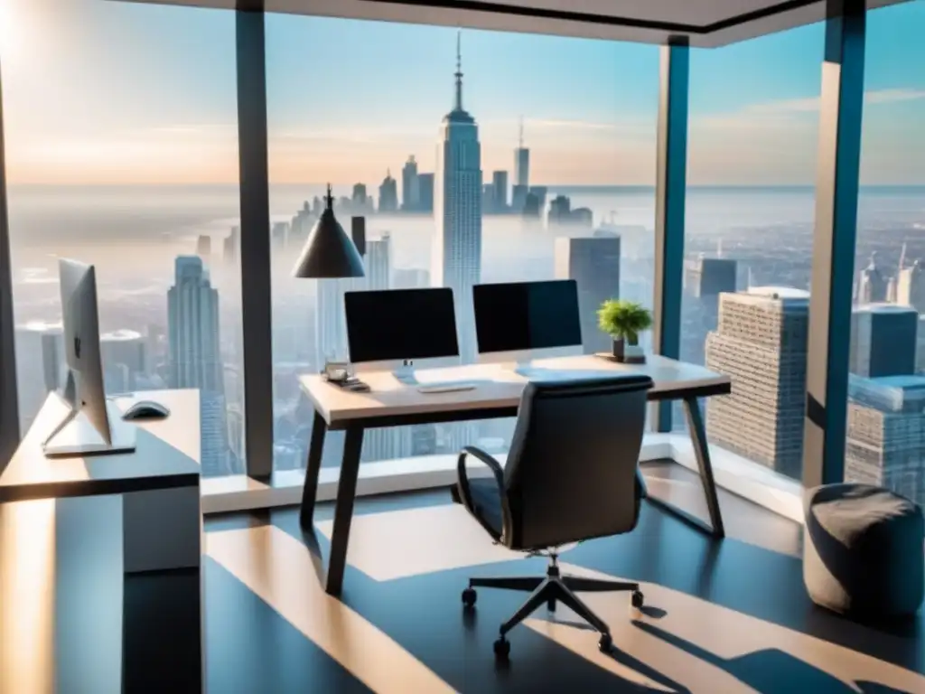 Oficina moderna con vista panorámica a la ciudad Oficina moderna con vista a la ciudad, escritorio de vidrio, silla ergonómica y reportes financieros