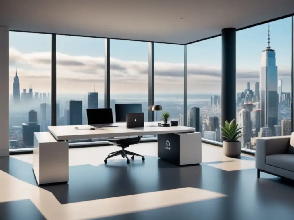 Oficina moderna con vista panorámica: elegancia y tecnología Oficina moderna con vista a la ciudad, muebles contemporáneos y tecnología integrada