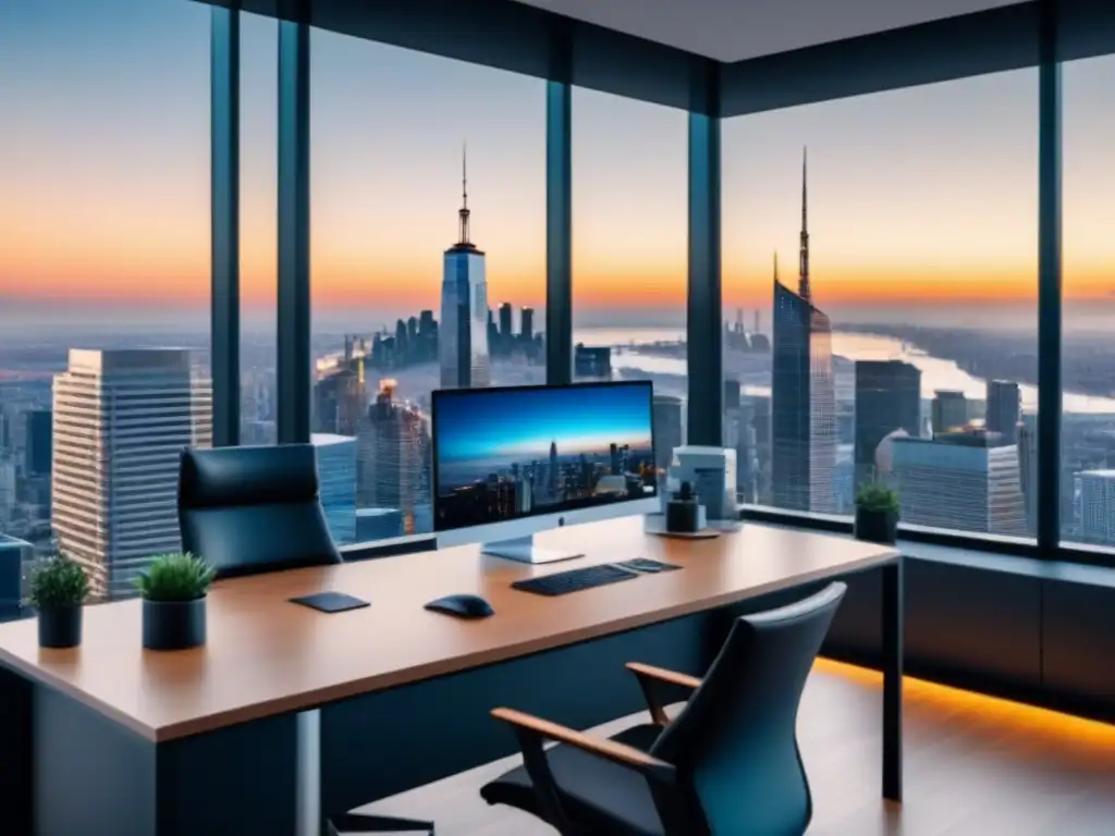 Oficina moderna con vista urbana: eficiencia y elegancia inmobiliaria Oficina moderna con vista a la ciudad y plataformas gestión inmobiliaria internacionales