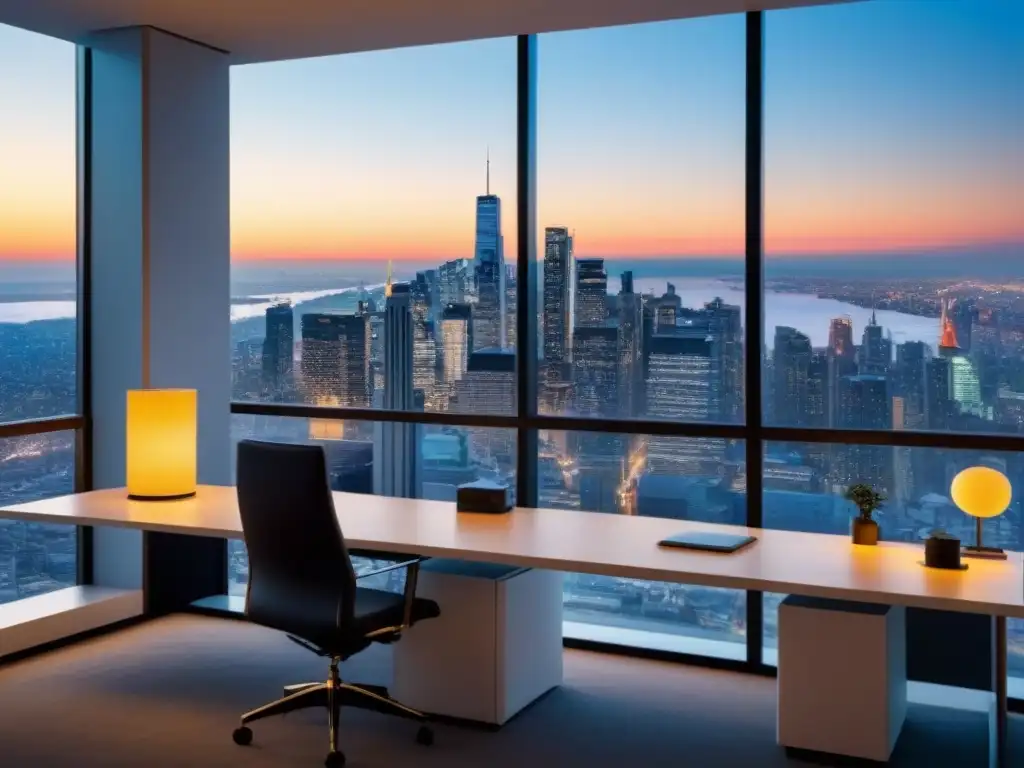 Oficina moderna de lujo con vista panorámica a la ciudad Oficina moderna con vista a la ciudad, mobiliario contemporáneo y tecnología sofisticada