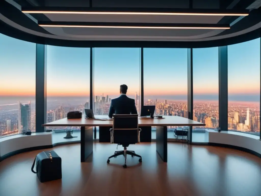 Oficina de lujo con tecnología avanzada y vista panorámica de la ciudad Una oficina moderna con vista a la ciudad, profesionales diversos en reunión, muebles minimalistas y herramientas PropTech