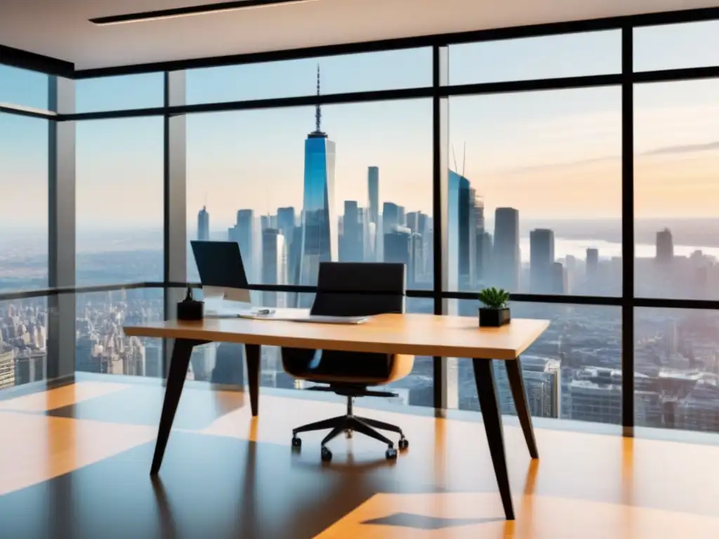 Oficina moderna con vista a la ciudad, mobiliario elegante y mapamundi