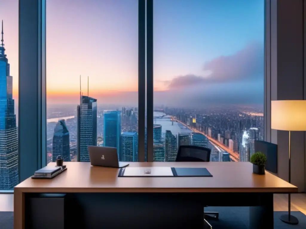 Oficina moderna con vista a la ciudad al atardecer, reflejando el marketing inmobiliario internacional temporada baja