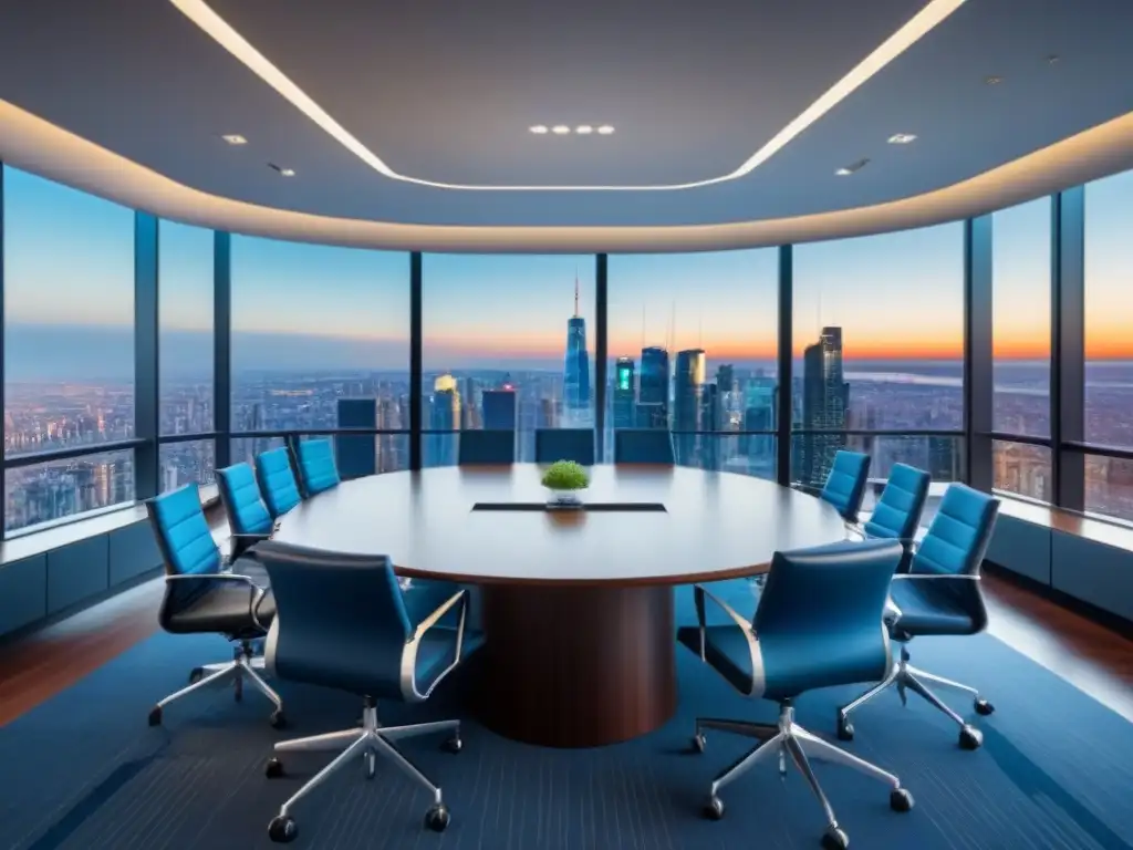 Oficina moderna con vista a la ciudad para reuniones estratégicas Oficina moderna con vista a la ciudad, muebles elegantes y pantalla de alta tecnología