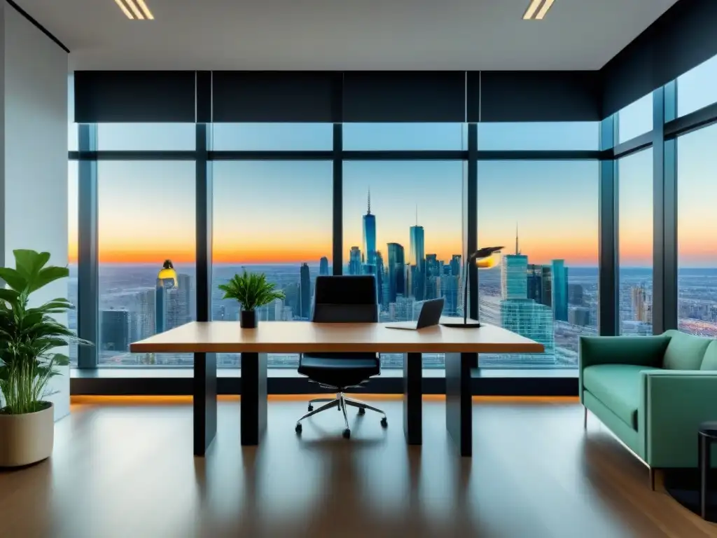 Oficina moderna con vista a la ciudad: Estrategias inmobiliarias Oficina moderna con vista a la ciudad, muebles elegantes y un plan de gestión de propiedades