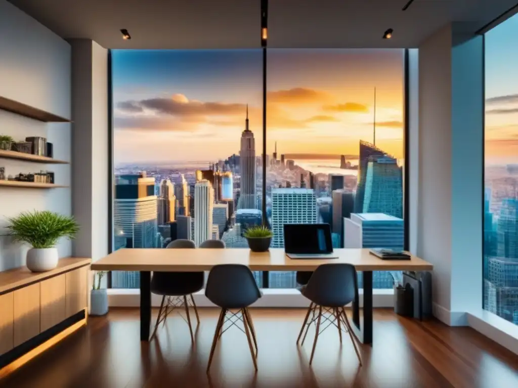 Oficina moderna con vista panorámica: diseño minimalista y elegante Oficina moderna con vista a la ciudad y mapa de mercados inmobiliarios internacionales destacados