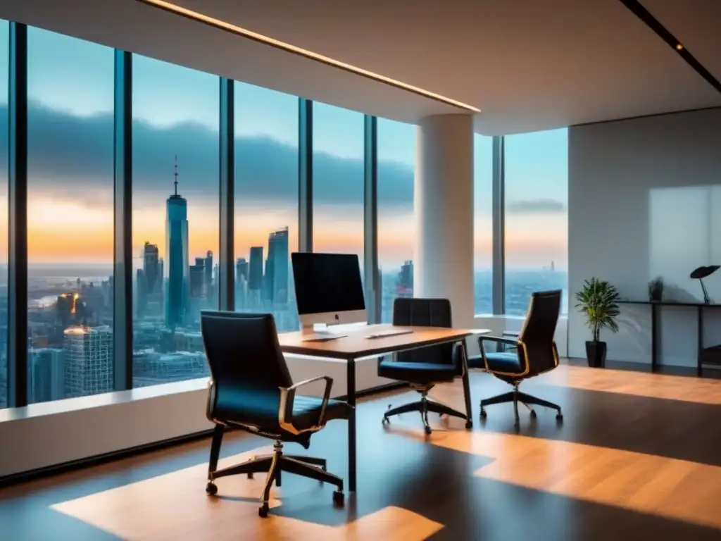 Oficina moderna con vista a la ciudad: elegancia y profesionalismo Oficina moderna con vista a la ciudad, muebles contemporáneos y decoración minimalista