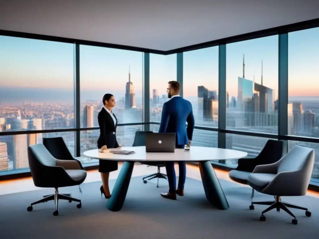 Oficina moderna con vista urbana y equipo colaborativo Oficina moderna con vista a la ciudad, muebles contemporáneos y equipo de profesionales debatiendo tendencias éticas en mercado inmobiliario