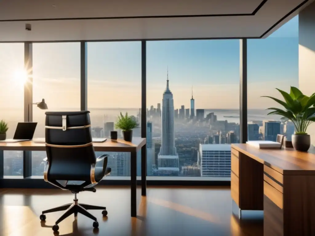 Oficina moderna con vistas a la ciudad: ambiente profesional y sereno Oficina moderna con vista a la ciudad, muebles minimalistas, plantas y una mesa de madera pulida