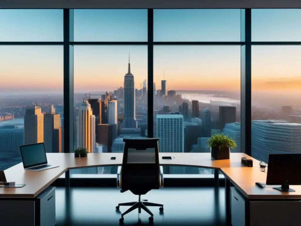 Oficina moderna con vista a la ciudad: sofisticación y profesionalismo Oficina moderna con vista a la ciudad, muebles minimalistas y pantalla de cambio de moneda