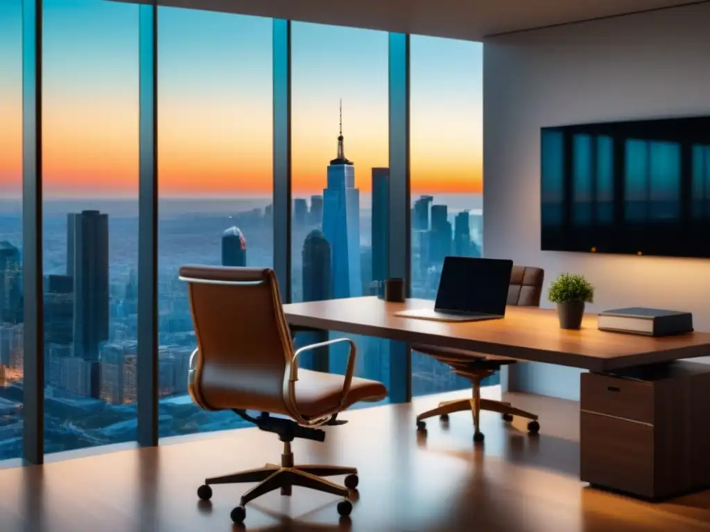 Oficina moderna con vista panorámica y diseño elegante | 8k Oficina moderna con vista a la ciudad, mobiliario elegante y luz natural
