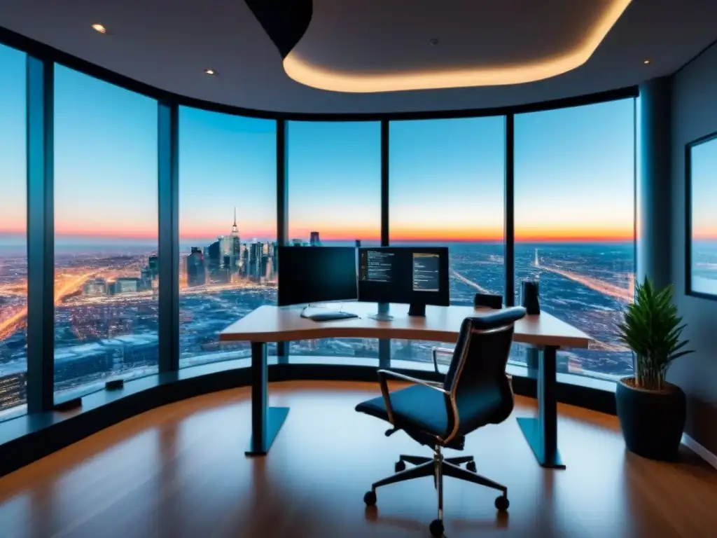 Oficina moderna con vista urbana: espacio inspirador para invertir en bienes raíces Oficina moderna con vista a la ciudad, ideal para tomar decisiones de inversión inmobiliaria con mentalidad estratégica