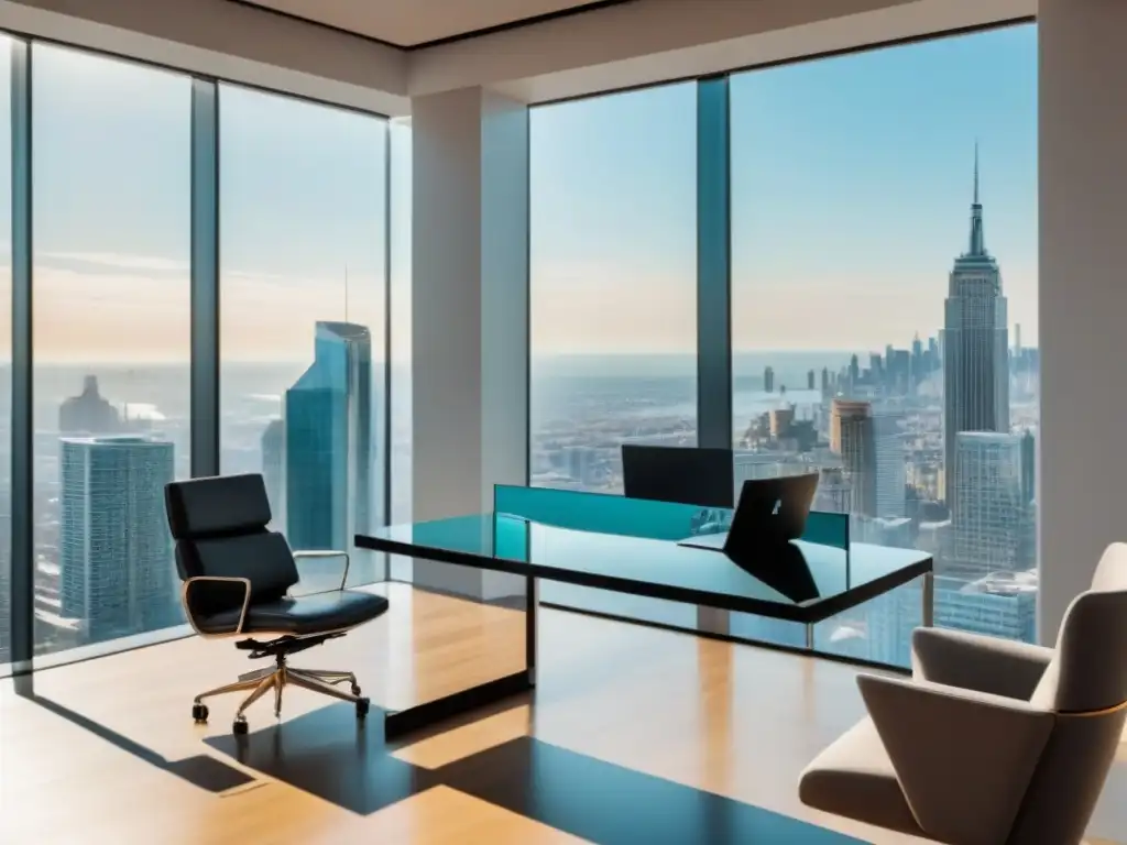 Oficina futurista con vista a la ciudad y tecnología legal de vanguardia Oficina moderna con vista a la ciudad y tendencias legales mercado inmobiliario