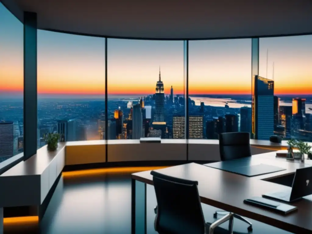 Oficina de lujo con vista a la ciudad: diseño moderno y elegante Oficina moderna con vista a la ciudad, paredes de vidrio, mobiliario contemporáneo y mapa mundial de inversiones inmobiliarias