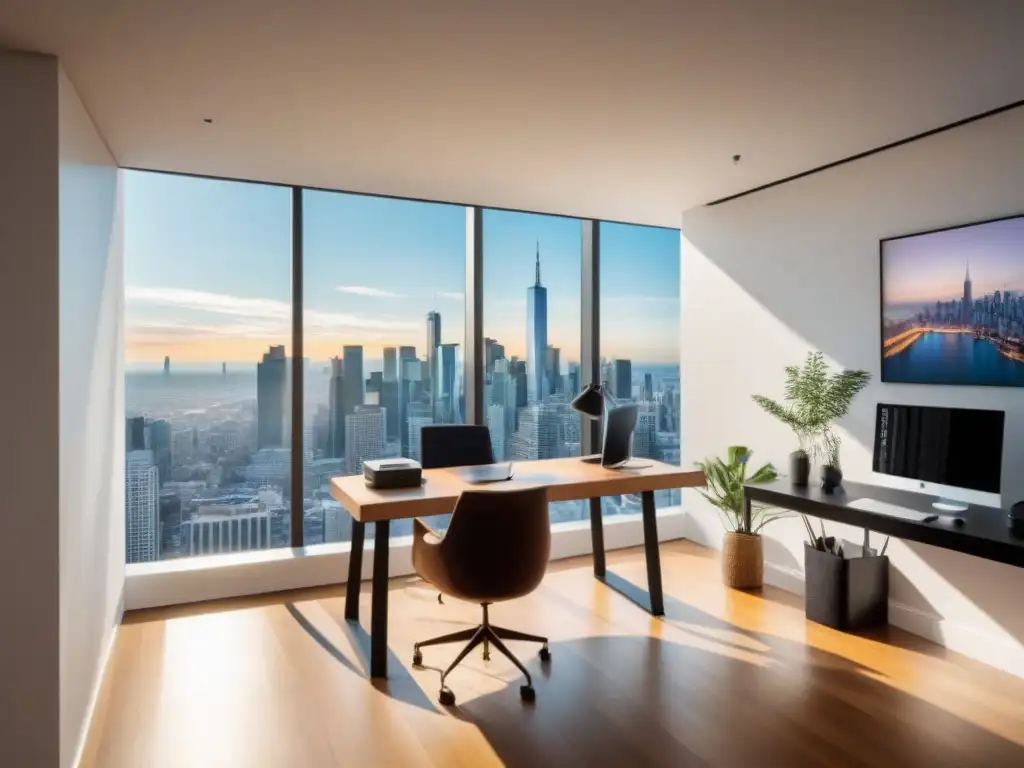 Oficina moderna con vista panorámica en 8k: elegancia y sofisticación Oficina moderna con vista a la ciudad, elegante diseño minimalista