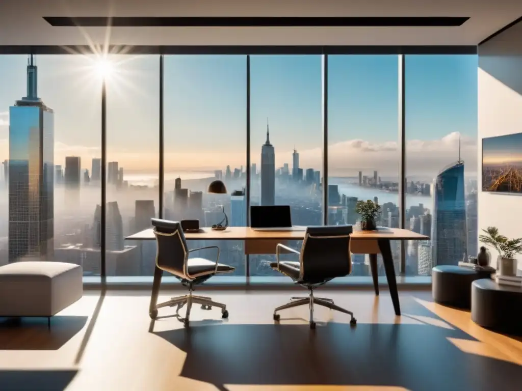 Oficina moderna con vista panorámica y tecnología de vanguardia Oficina moderna con vista a la ciudad, muebles contemporáneos, gadgets de alta tecnología y mapa mundial en la pared
