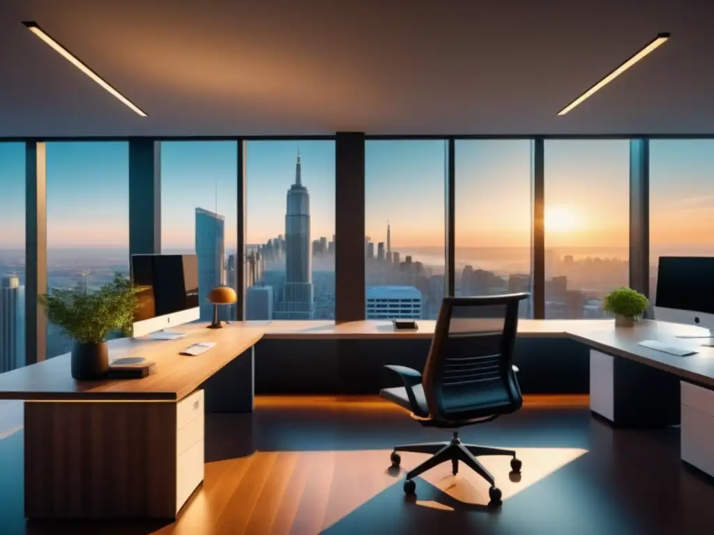 Oficina moderna con vista panorámica al atardecer: 8k detallado Oficina moderna con vista a la ciudad al atardecer