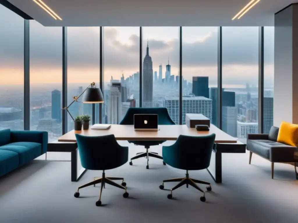 Oficina moderna de lujo con vista a la ciudad Oficina moderna con vista a la ciudad, muebles elegantes y documentos legales