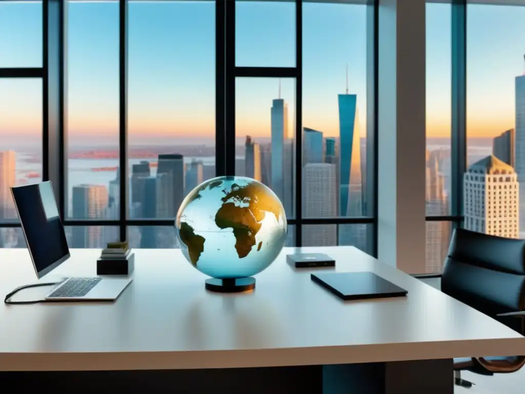 Oficina moderna con vista financiera global Una oficina moderna con vista a un distrito financiero internacional, mostrando fluctuaciones cambiarias en hipotecas internacionales