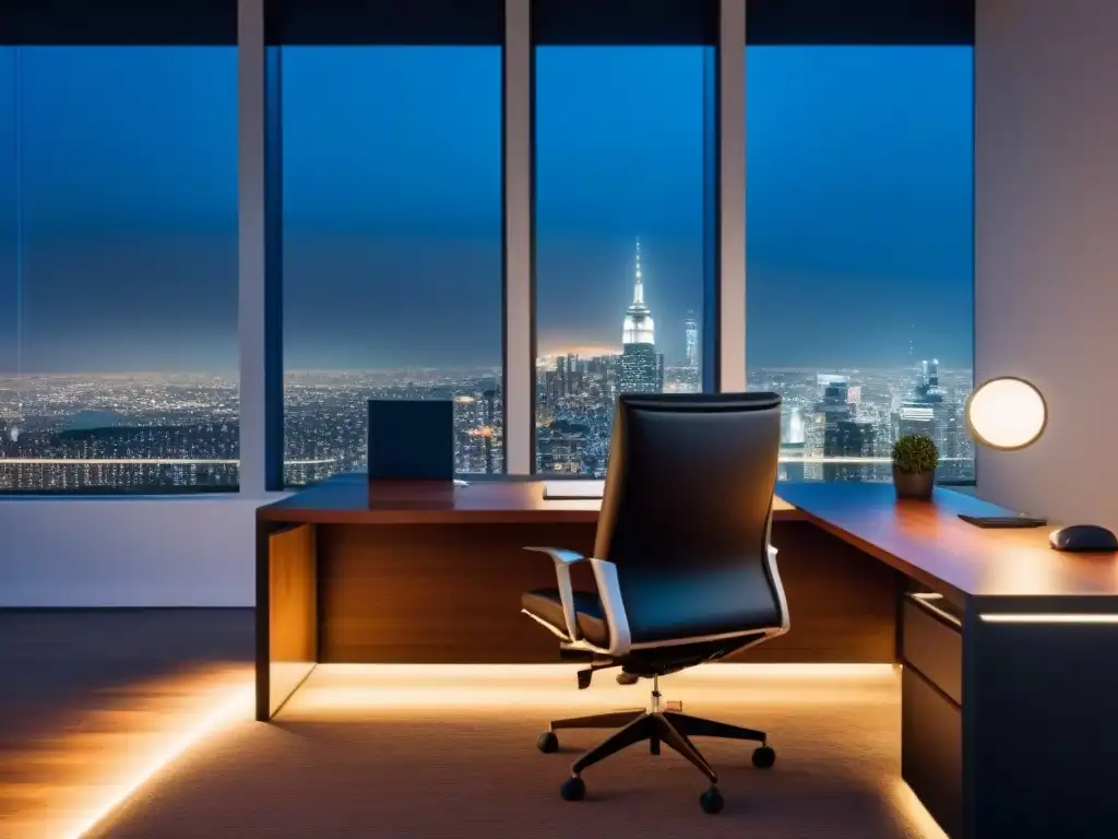 Oficina moderna con vista nocturna a la ciudad Oficina moderna con vista nocturna de la ciudad, elegante y profesional