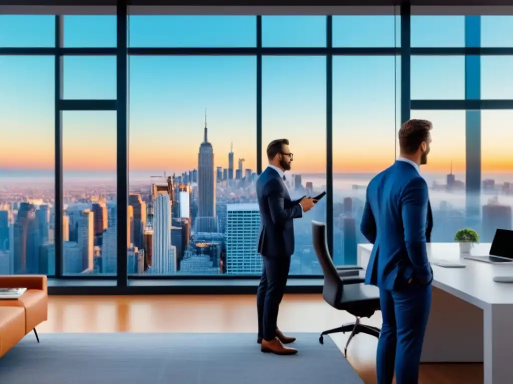 Oficina futurista con holograma de chatbot: innovación inmobiliaria Una oficina moderna con vista panorámica a la ciudad, agentes inmobiliarios y tecnología de vanguardia
