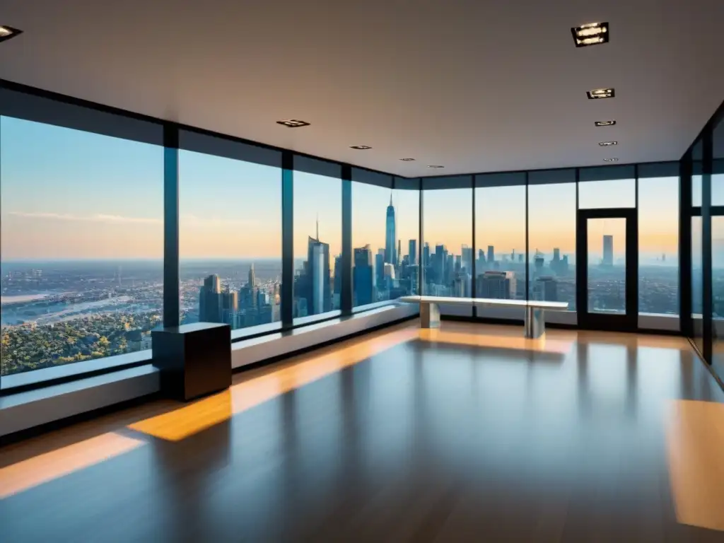 Oficina moderna con vista panorámica y datos en tiempo real Oficina moderna con vista panorámica a la ciudad, decoración minimalista y datos en pantalla