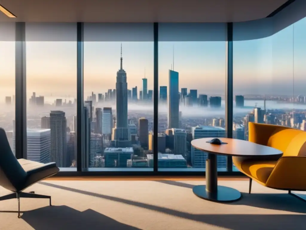 Oficina moderna con vista panorámica de la ciudad Oficina moderna con vista panorámica de ciudad, mobiliario contemporáneo y tecnología avanzada para inversionistas inmobiliarios mercado internacional