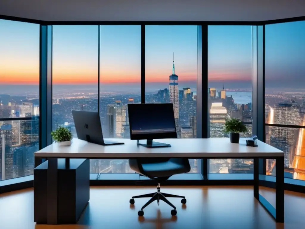 Oficina de lujo con vista panorámica y tecnología de vanguardia Oficina moderna con vista panorámica de la ciudad, decoración minimalista y estrategias contenido redes sociales inmobiliario