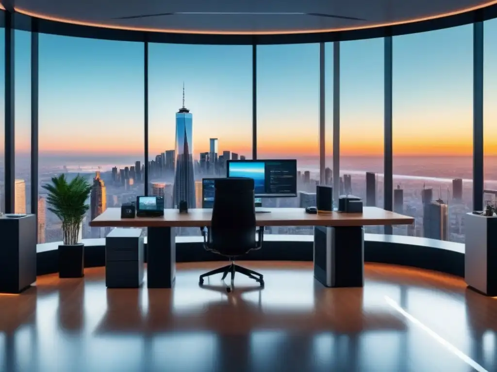 Oficina futurista con criptomonedas en tiempo real Oficina moderna con vista panorámica a la ciudad, ideal para discutir la salida inversionistas bienes raíces criptomonedas