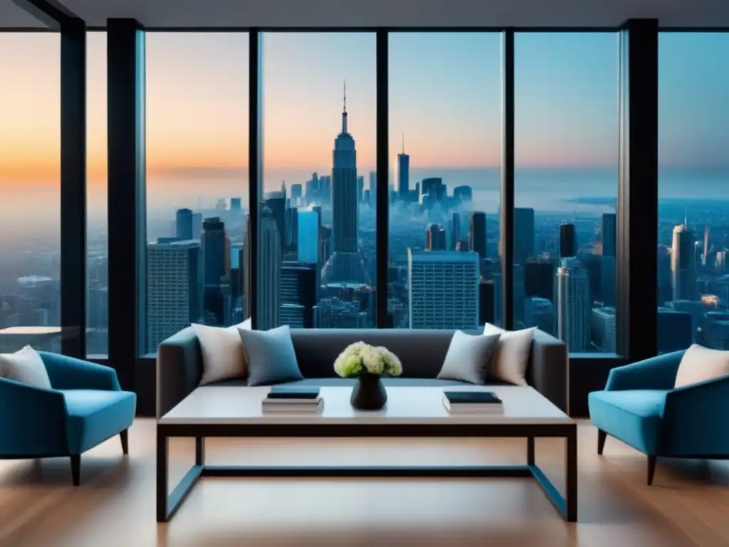 Oficina moderna con vista panorámica: inversión inmobiliaria REIT Oficina moderna con vista panorámica de la ciudad, ideal para invertir en REITs