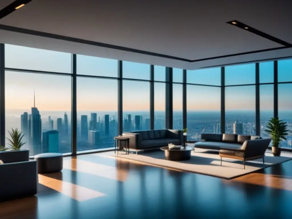 Oficina moderna con vista panorámica y alta tecnología Oficina moderna con vista panorámica a la ciudad, muebles contemporáneos y medidas de seguridad avanzadas