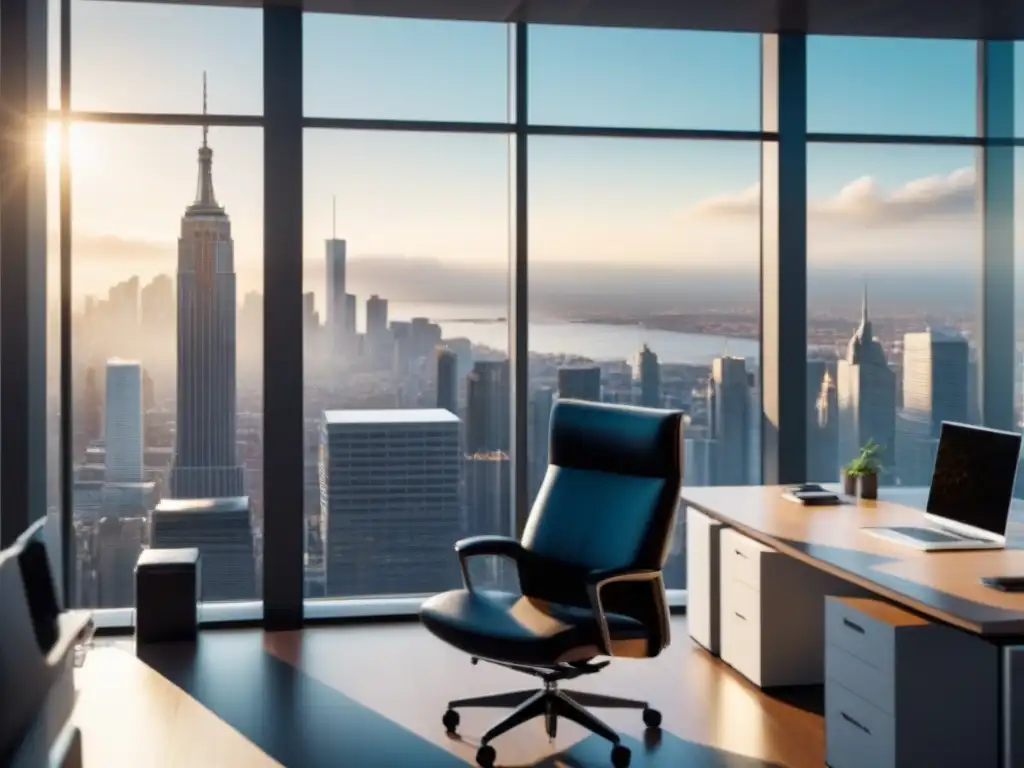 Oficina moderna y sofisticada con vista a la ciudad Oficina moderna con vista panorámica a la ciudad, minimalista y sofisticada para minimizar riesgos inversiones alquiler inmobiliario
