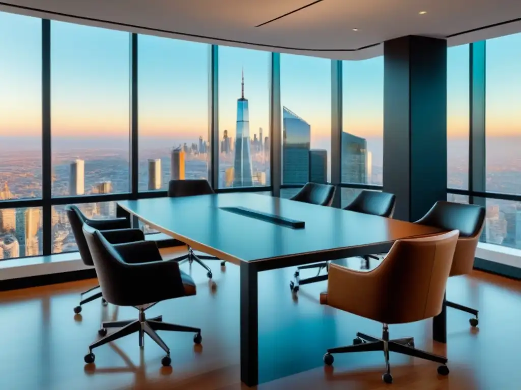 Oficina moderna con vista panorámica: reunión de profesionales Oficina moderna con vista panorámica de la ciudad y profesionales en reunión