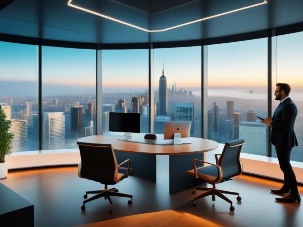 Oficina moderna y colaborativa con vista a la ciudad en 8k Una oficina moderna con vista panorámica a la ciudad, profesionales debatiendo